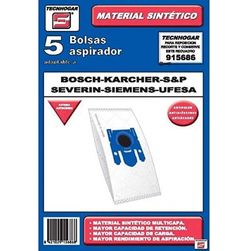 RO-Bolsa Aspirador Tecnhogar Blanca - 915686 - Bosch Karcher Ufesa Severin - 5 Unidades